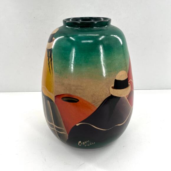 Crory Peruvian folk art pottery hand painted people in hats mountains vase - Picture 7 of 9